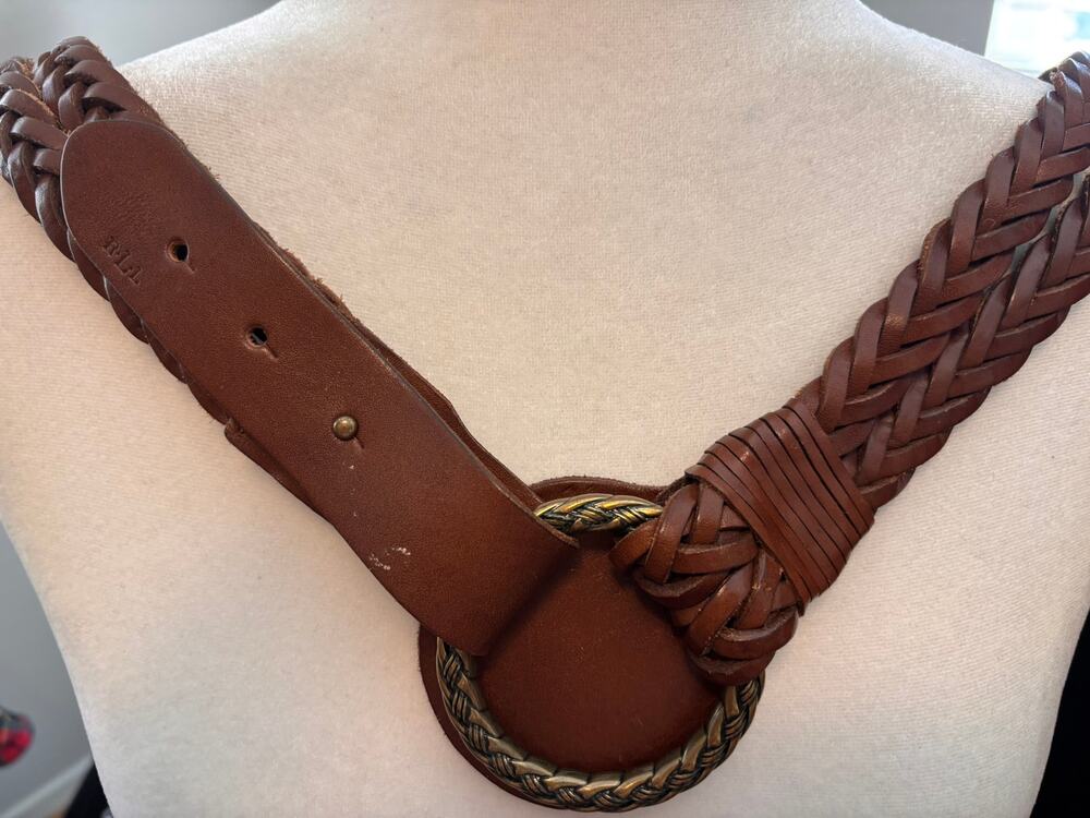 Ralph Lauren RLL Brown Braided Leather Belt Oversized Statement Buckle